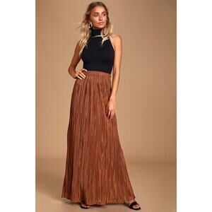 Lulus Stand In The Sunset Rust Brown Pleated Satin Maxi Skirt - Size S